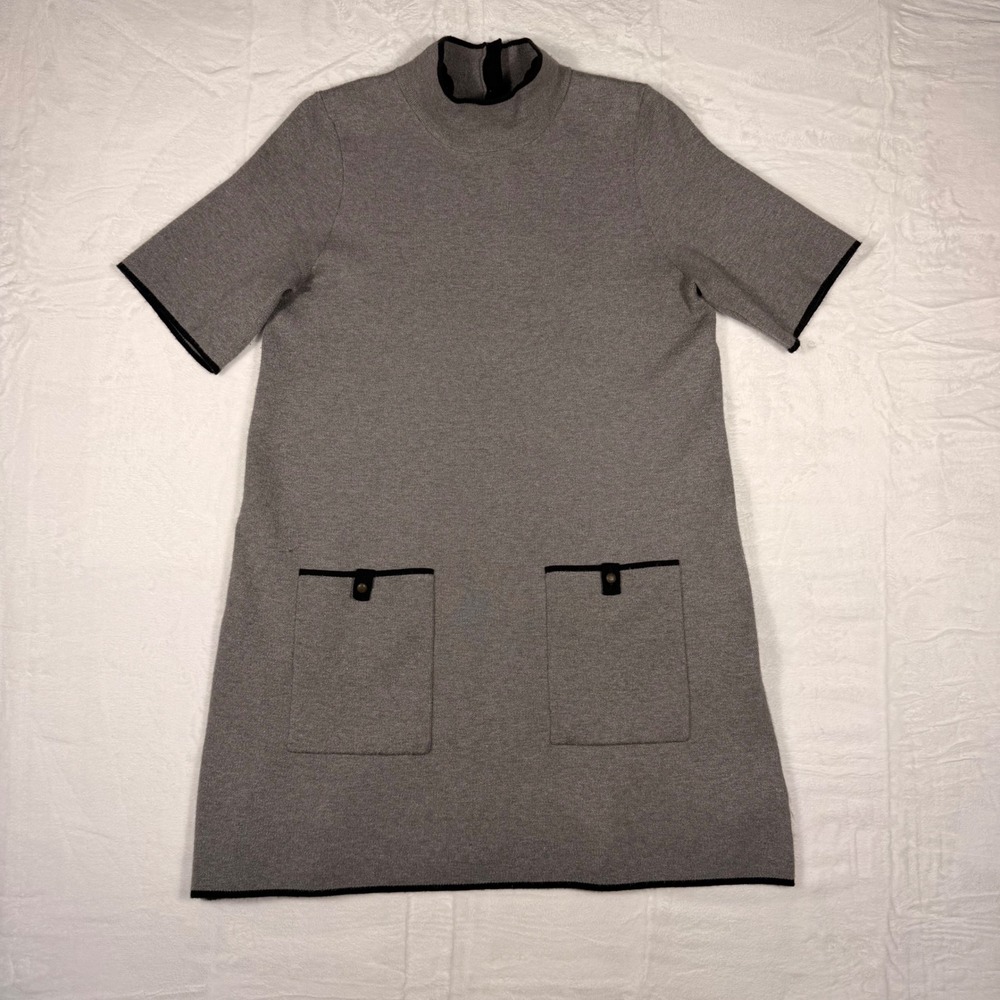 Maeve Anthropologie Gray Knit Shift Dress Mock Neck Black Trim Pockets Size L
